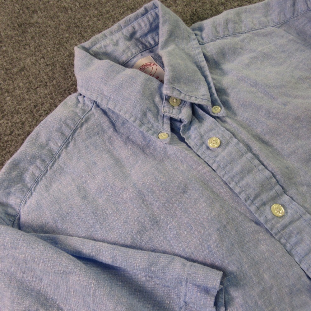 Brooks Brothers Shirt Men Small Madison Fit Irish Linen Blue Short Sleeve Summer